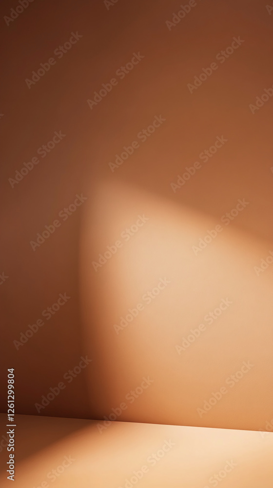 Poster Close-up of soft light casting a shadow on a smooth light brown wall, creating an abstract minimalistic scene that conveys warmth, calmness, and simplicity in design.