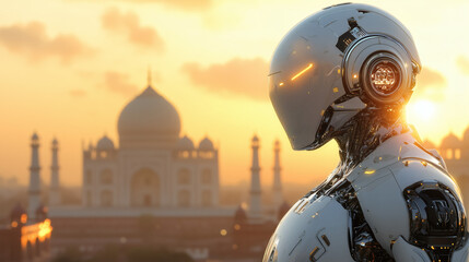 Obraz premium Robot futurista con el Taj Mahal al atardecer