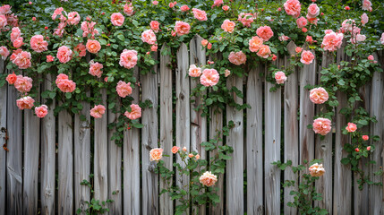 Exquisite Climbing Roses in Bloom Against a Rustic Wooden Fence