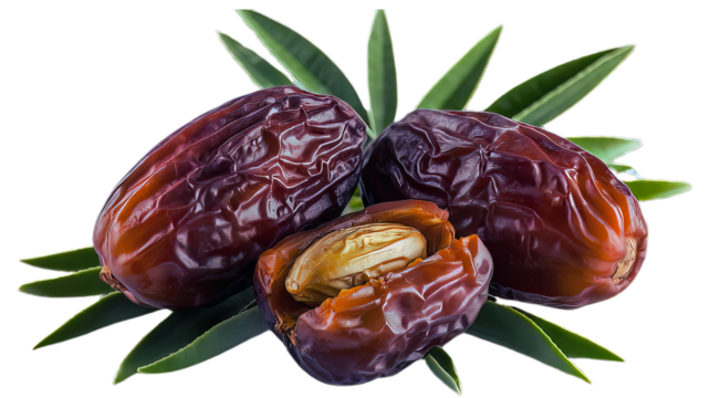Close-up of fresh and dried dates on a plate and isolated on a white background