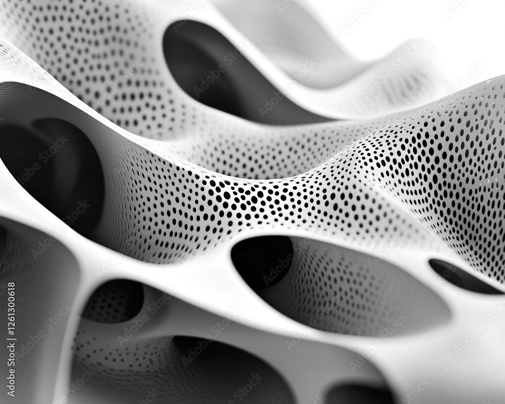 Aufkleber Close-up of a black and white abstract organic structure featuring smooth flowing curves and circular perforations, symbolizing modern design and creative art concepts.