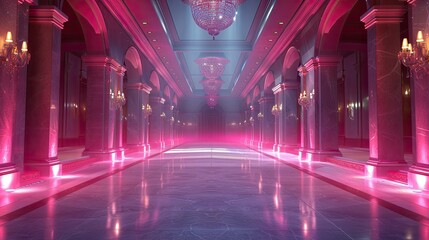 Obraz premium Luxurious grand hall interior with pink lighting, marble floor, and columns.
