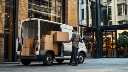 Retail Store Delivery: Courier Unloading Packages from Delivery Van at Store Entrance, Emphasizing the Process of Delivering Goods to a Retail Location
