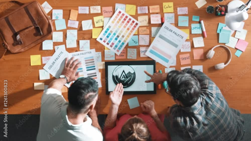 Poster top view of smart designer holding color palette while project manager looking at design and choosin
