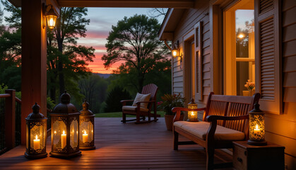 Cozy porch with lanterns at sunset, Lantern Decorations