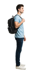 Fototapeta premium A confident young male commuter walks with a backpack, wearing casual attire, captured from the side, isolated on a clean white background for a modern feel, isolate white background