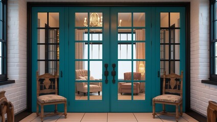 Symmetrical Interior with Vibrant Teal Double Doors Framed by Black Trim, Ornate Wooden Chairs, White Brick Walls, Cozy Room with Chandelier, Beige Curtains, and Neutral Tiled Floor

