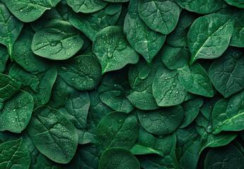 Fototapeta premium Network of fresh spinach leaves with water drops, top view. Flat lay background for a healthy food concept. 