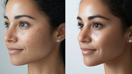 Side-by-side comparison of a woman's face showcasing freckles before and after skincare treatment, highlighting skin transformation.