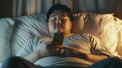 Fototapeta premium A man in a dimly lit room relaxes on his bed, focused on his smartphone, embodying modern digital life.