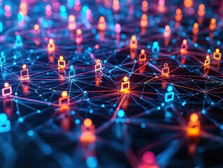 Network of colorful connected figures showing online social media activity