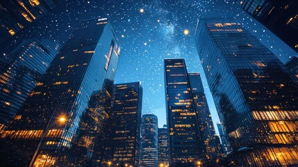 Nighttime city skyline with twinkling stars above, illuminated streets below, and reflections on glass facades