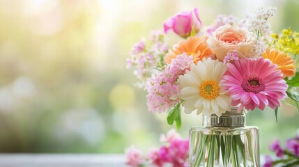 Beautiful bouquet of fresh flowers in a glass vase with soft natural light, creating a warm and romantic atmosphere. Perfect for home decor, weddings, and floral-themed designs, banner with copy space