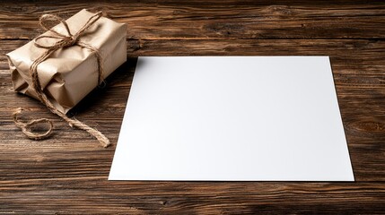 Wrapped Gift and Blank Paper on Wooden Tabletop. Possible use Mockup for marketing and design