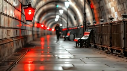 Fototapeta premium Dimly lit underground tunnel with red lanterns and benches at night