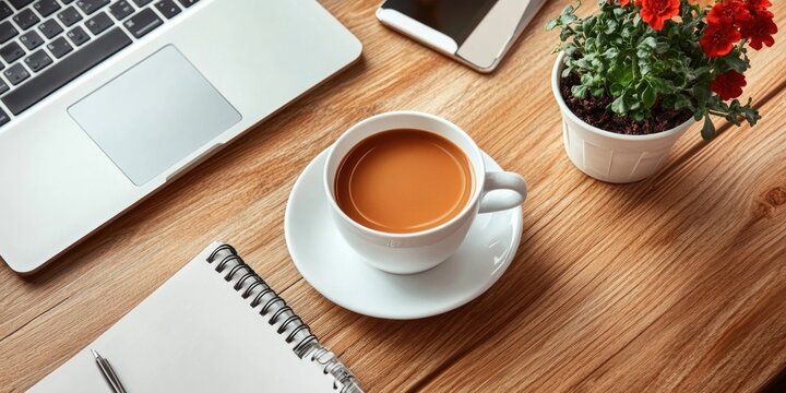Coffee cup on wooden desk with laptop, phone, notebook, and plant