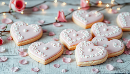 Fototapeta premium Beautiful heart-shaped sugar cookies with pink icing and white decorations, surrounded by roses and petals