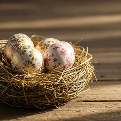 Obraz premium A delicate nest made of golden straw holds three beautifully decorated Easter eggs. The rustic wooden background and free space for text make it perfect for holiday banners and branding.