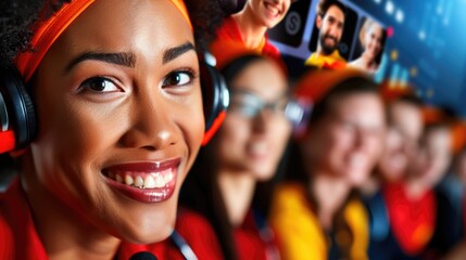 Smiling african female adult in customer service with headset and colleagues in background