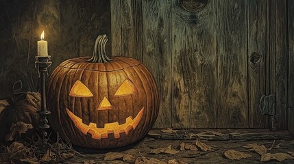Obraz premium Halloween pumpkin, candlelight, rustic wooden shed, autumn leaves