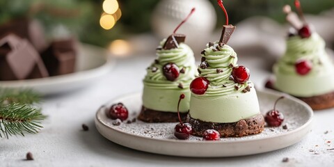 Festive mint desserts with cherries, Christmas background
