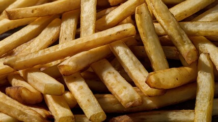 Close-Up Photograph of Irregularly Shaped Golden-Brown French Fries with Crispy Texture and Slight Sheen of Oil.