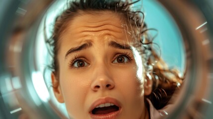 Young caucasian female expressing shock and curiosity through wide eyes and furrowed brow