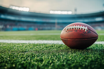 American Football on Green Field in Empty Stadium, Sports Scene. Generative AI