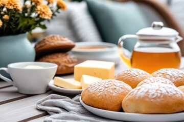 Cozy breakfast scene with fresh bread rolls, butter, and tea on wooden table