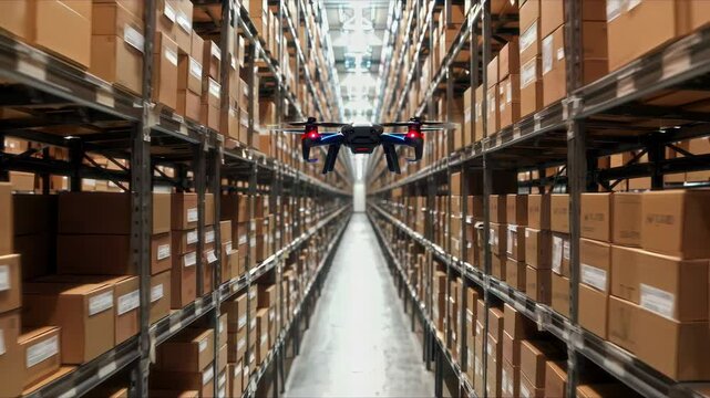 A drone is efficiently navigating and maneuvering through a warehouse that is filled with numerous storage boxes