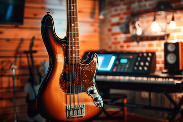Bass guitar in a modern studio. Musical instrument