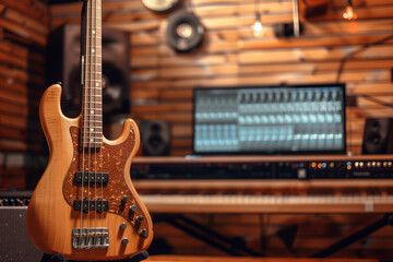 Bass guitar in a modern studio. Musical instrument