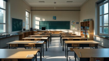 Traditional Classroom with Wooden Desks, Blackboards, and Modern Educational Tools in a Bright, Light-Filled Space