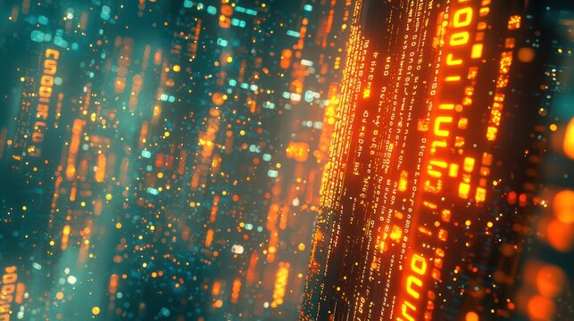 Glowing binary code flow on a futuristic digital interface