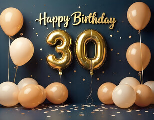 Gold 30th happy birthday background, 30th birthday card illustration with balloons on dark background abstract