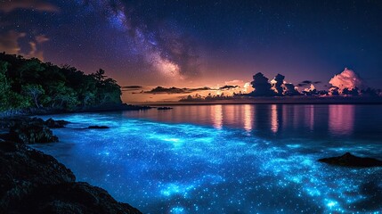 A bioluminescent lagoon glows under a starry sky in the Caribbean, casting a mystical and ethereal light over the water.