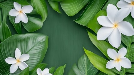 Tropical Flowers and Lush Greenery - Vibrant green leaves and delicate white plumeria flowers create a lush, tropical frame. Perfect for summer designs, travel, or spa themes