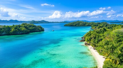 Tropical Island Paradise Aerial View - Lush tropical island, turquoise water, white sand beach, aerial perspective, vacation getaway. Symbolizing serenity, escape, beauty, adventure, paradise