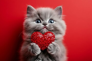 Ad campaign visual idea. Cute himalayan feline infant with sparkling rhinestones red heart - emblem of love, funny greeting card. Himalayan - my treasured cat. Romantic red pet image.