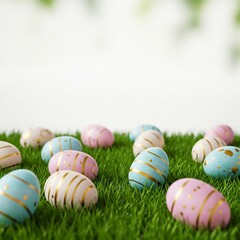 Obraz premium Fresh green grass with pastel Easter eggs scattered randomly. A soft gradient background with free space for text makes it ideal for website banners, social media, and seasonal campaigns.