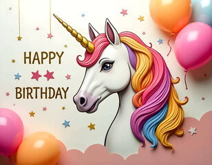 happy birthday card with unicorn, happy birthday card with balloons, happy birthday card with gifts on pink background, girl birthday template  abstract, gold confetti, stars decoration vector