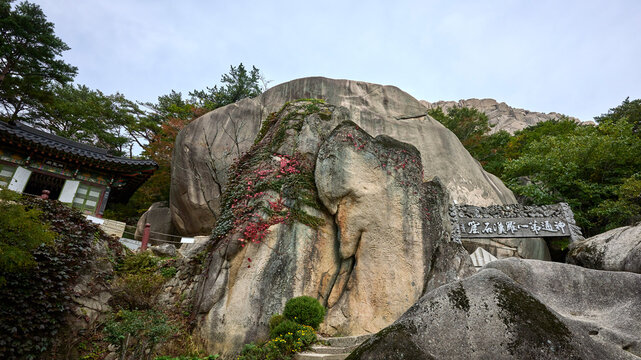 A small buddhist temple sits on the Ulsanbawi Rock trail in Seoraksan National Park outside Sokcho in South Korea on October 16, 2024.