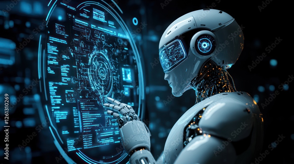 Aufkleber futuristic robot interacts with holographic interface in a dark lab