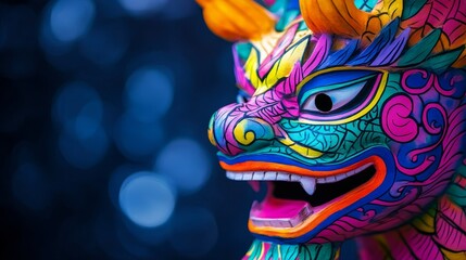 Vibrant Dragon Mask Close-Up - Close-up of a traditional, colorful dragon mask. Symbolizing: power, tradition, artistry, celebration, mystery