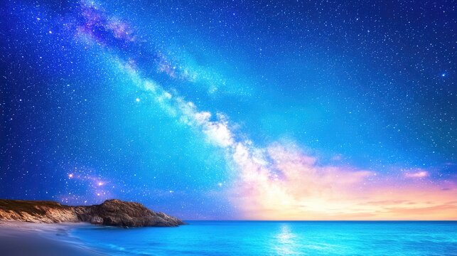 Milky Way over tranquil beach at sunset