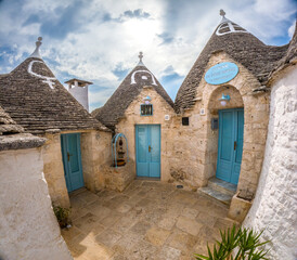 View of Alberobello town, Puglia region, Italy. 
