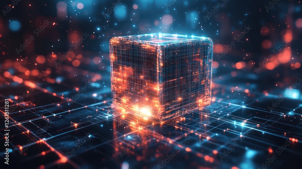 Poster Digital cube glowing in network space
