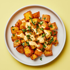 Crispy spanish patatas bravas with spicy aioli sauce and fresh parsley on a white plate, traditional tapas dish served on a vibrant yellow background