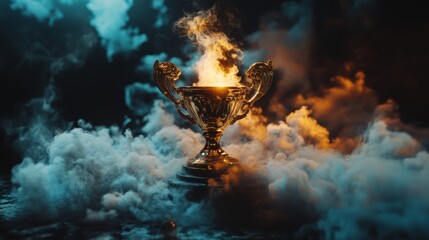 Surrounded by dust and smoke, a Golden Trophy stands for victory and success. It is appropriate for various occasions including sports, competitions, awards, recognitions, motivational activities,
