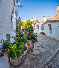 View of Alberobello town, Puglia region, Italy. 